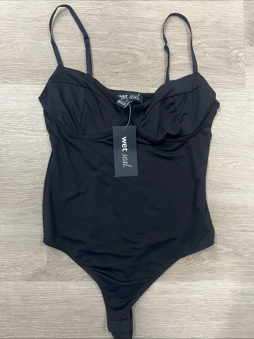 Wet Seal Black Bustier-Style One-Piece Bodysuit with adjustable strapSize Medium